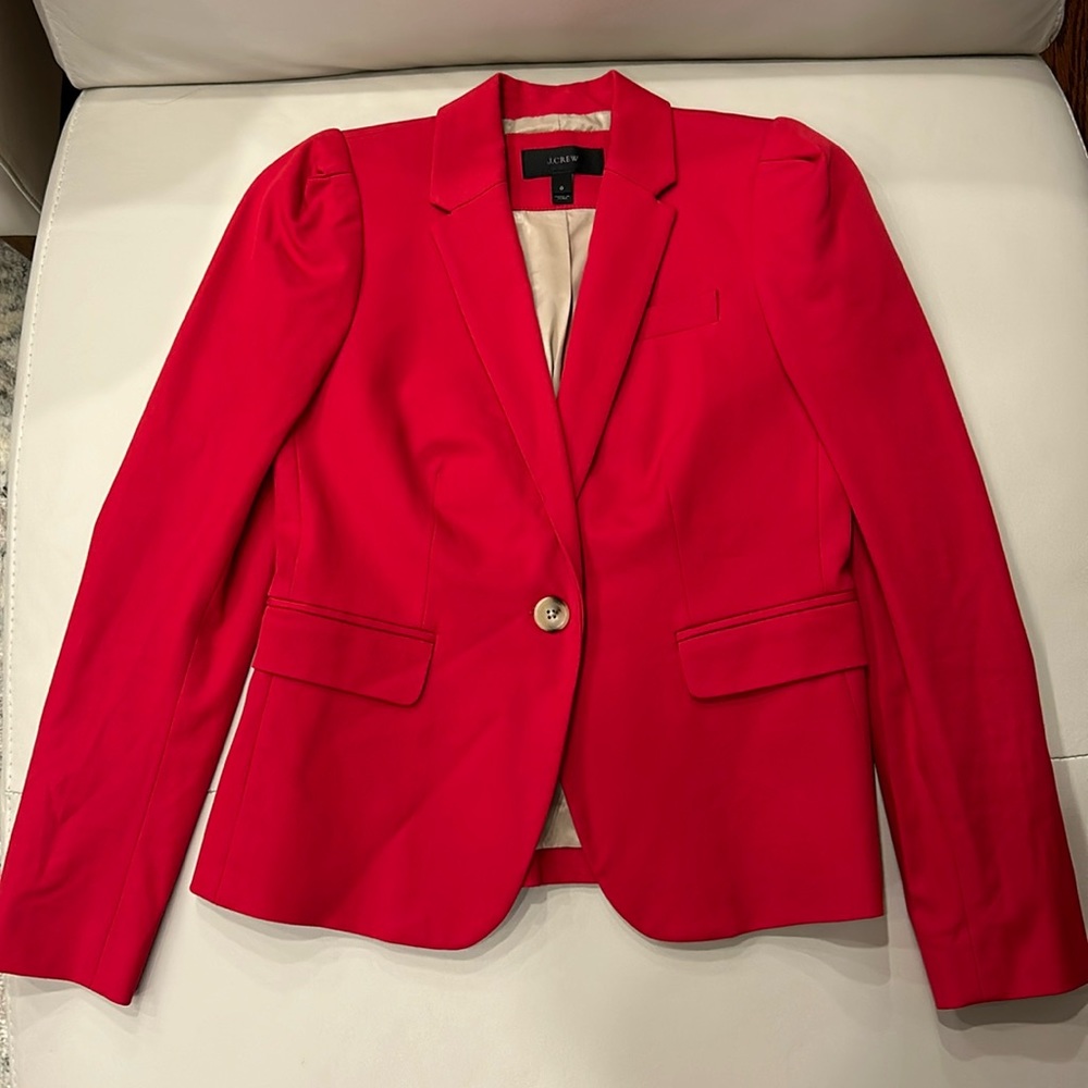 J Crew Red Stretch Cotton Puff Shoulder Blazer